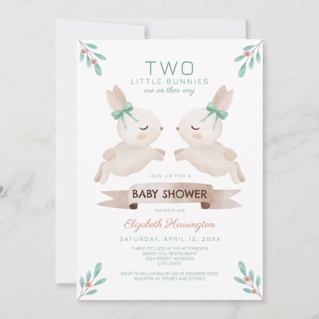 Invitación Dos pequeños conejitos gemelos Baby Shower (Anverso)