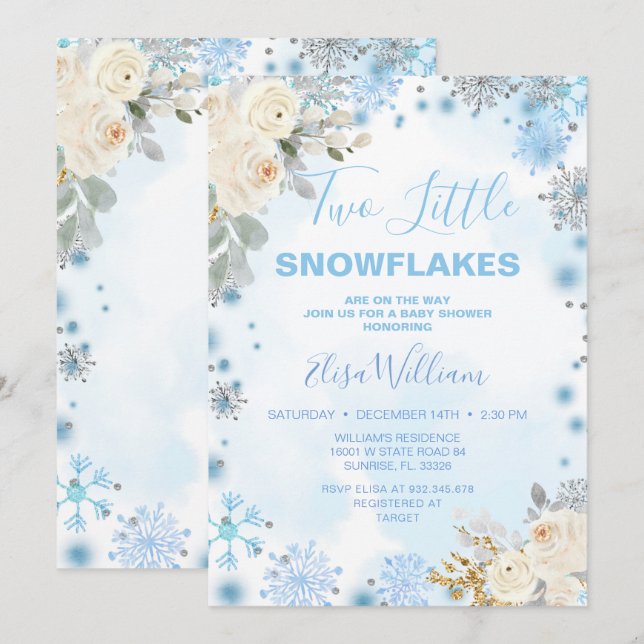 Invitación Dos pequeños copos de nieve azul están en camino (Anverso / Reverso)