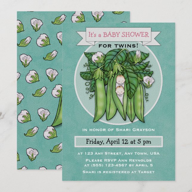 Invitación Dos pequeños gemelos de guisantes dulces invitan a (Anverso / Reverso)