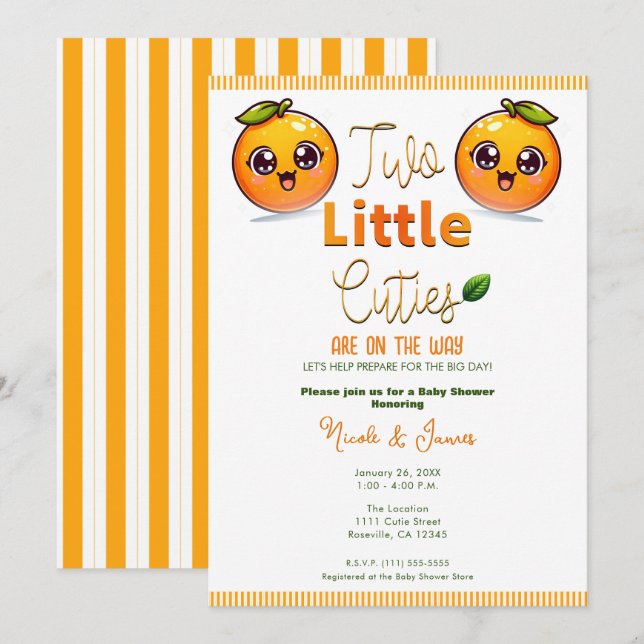 Invitación Dos pequeños Naranjas gemelos Baby Shower (Anverso / Reverso)