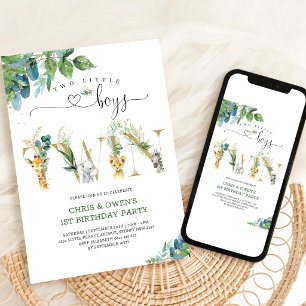 Invitación Dos Pequeños Niños GEMELLOS Animales Florales Cump