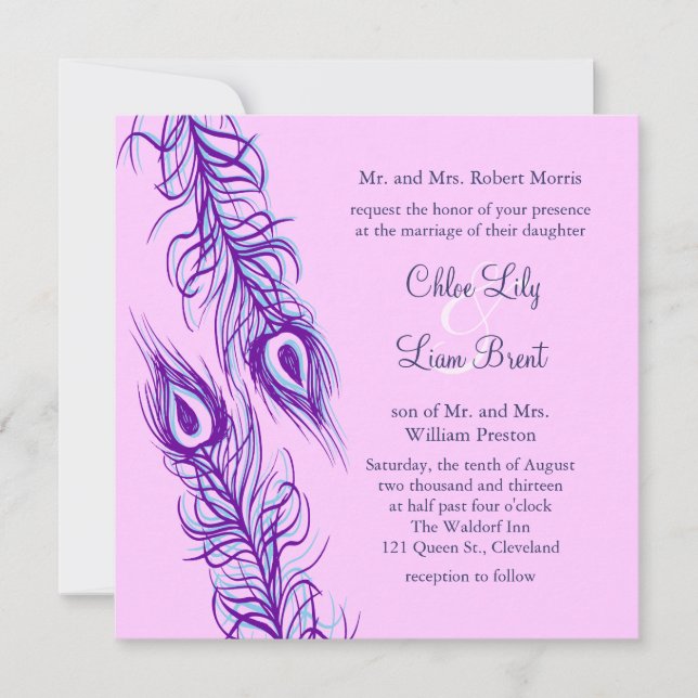 Invitación Dos plumas de pavo real (Anverso)