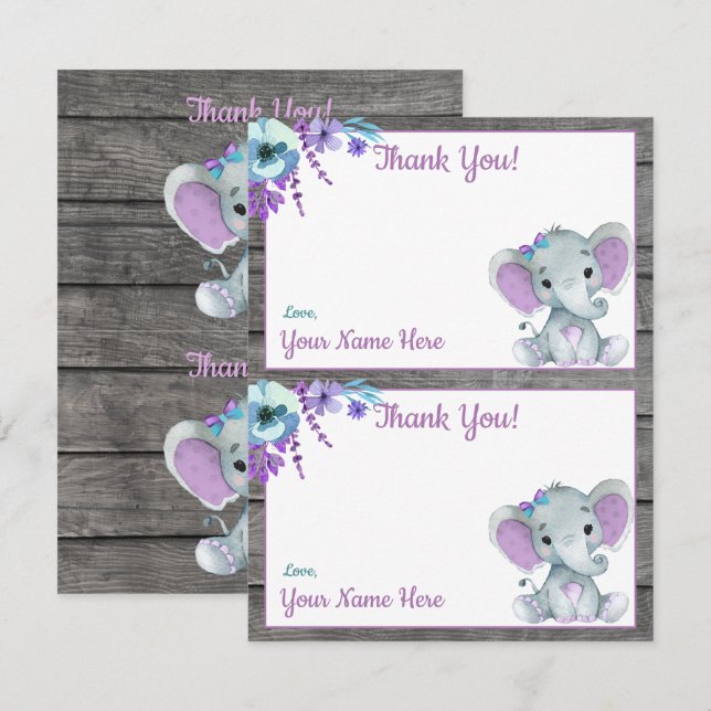Invitación Dos por página Gracias Cartas Chica Elefante Ducha (Anverso / Reverso)
