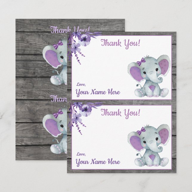 Invitación Dos por página Gracias Cartas Elephant Purple (Anverso / Reverso)