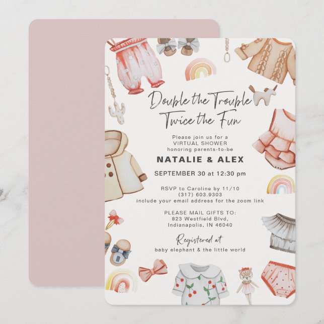 Invitación Dos problemas Chicas gemelos rosados Baby Shower v (Anverso / Reverso)