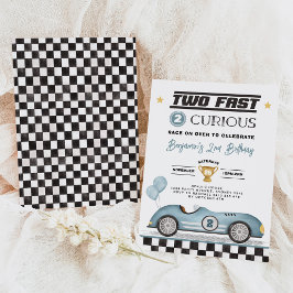 Invitación Dos rápido 2 Curioso Blue Vintage Car Boy Cumpleañ