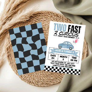 Invitación Dos rápidos 2 curiosos coche azul vintage cumpleañ