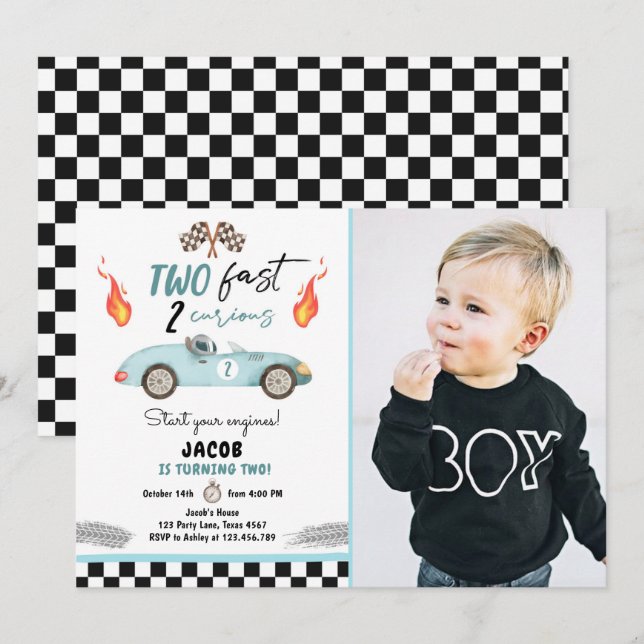 Invitación Dos Rápidos 2 Curiosos Fiestas Race Car 2º Cumplea (Anverso / Reverso)