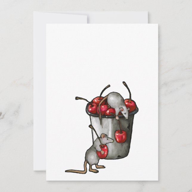 Invitación Dos RATONES robando cerezas, Cubo de Cerezas Arte (Anverso)