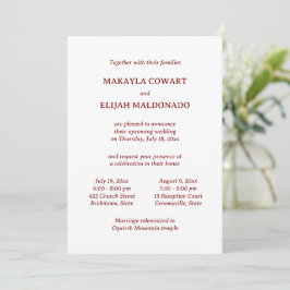 Invitación Dos recepciones minimalistas de color rojo, españo