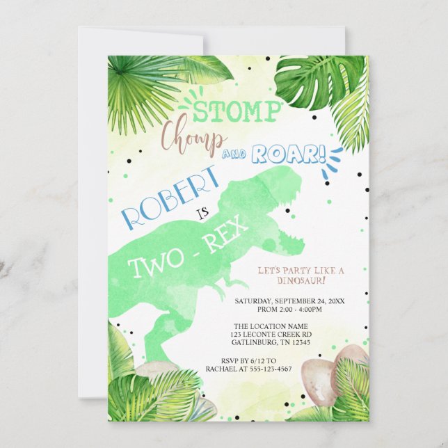 Invitación Dos - Rex Dinosaur Birthday Invitation boy (Anverso)
