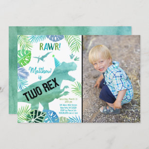Invitación Dos Rex Dinosaur Greenery Cumpleaños