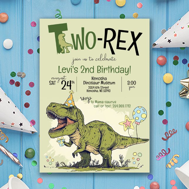 Invitación Dos Rex Personalizado de Dinosaurio Cute Fiesta de (Cute Cartoon T-Rex Dinosaur wearing birthday hat, Two-Rex 2nd birthday party invitation two-a-saurus)
