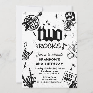 Invitación Dos Rocks Guitar Rock y Roll Primer Cumpleaños