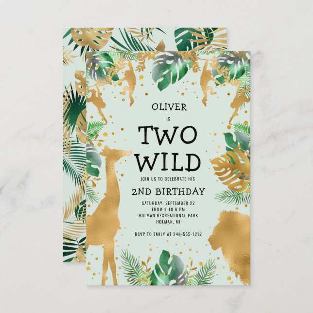 Invitación Dos Safari de la Selva Salvaje Oro Verde Segundo C (Anverso / Reverso)