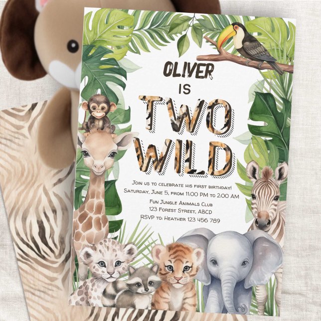 Invitación Dos safari salvajes Animales temática niño de 2º c (Two Wild Boy 2nd Birthday Invitation, Safari Themed Jungle animals birthday invite.)