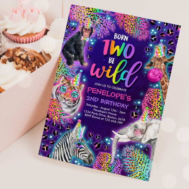 Invitación Dos Safari salvajes Neon Rainbow Cheetah Cumpleaño (Subido por el creador)