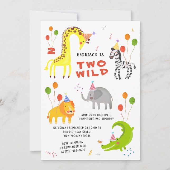 Invitación Dos salvajes animales de Safari en su segundo cump (Anverso)