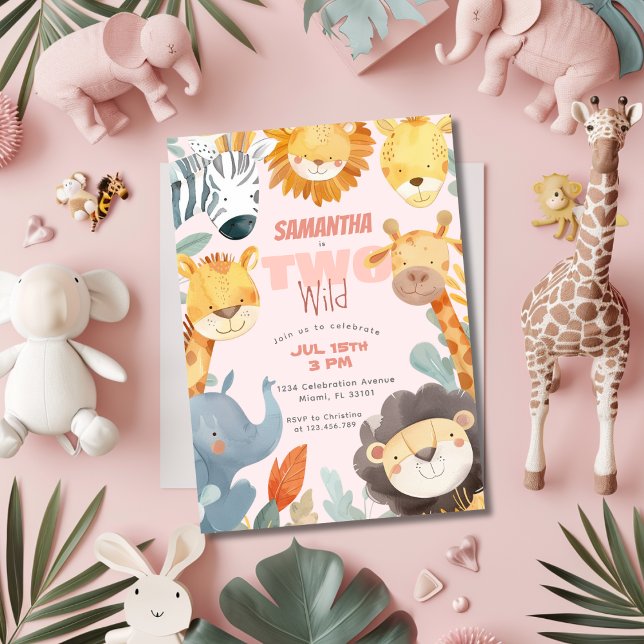Invitación Dos salvajes Chicas Safari segundo cumpleaños rosa (Subido por el creador)