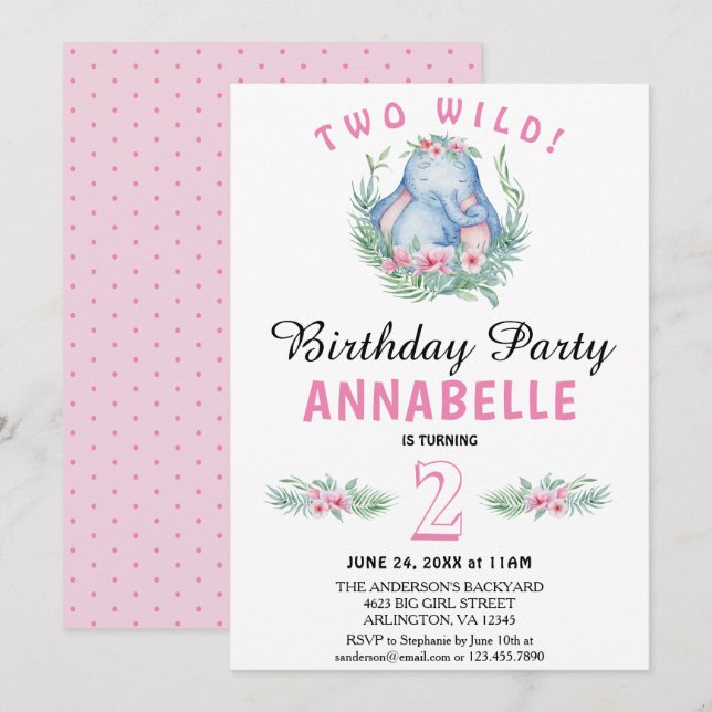 Invitación Dos salvajes fiestas de cumpleaños rosado para ele (Anverso / Reverso)