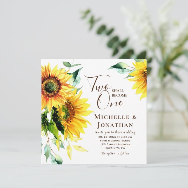 Invitación Dos Se Convertirán En Un Boda Cristiano Sunflower (Anverso de pie)