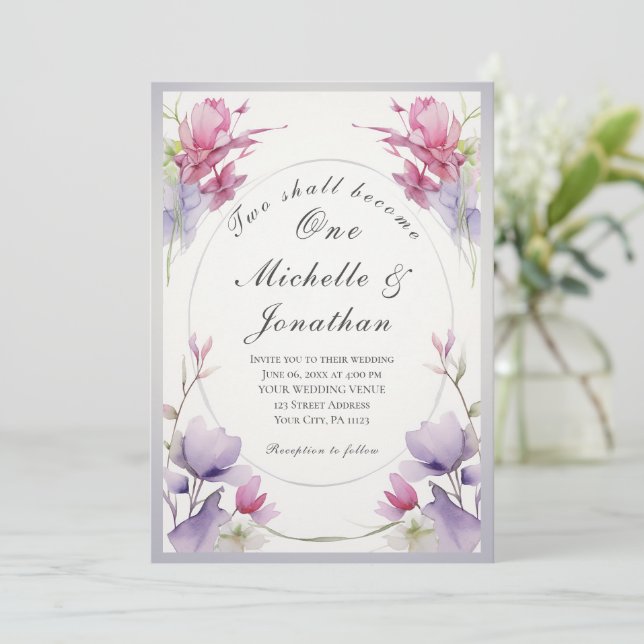 Invitación Dos Se Convertirán En Un Boda Floral Rosa Lavender (Anverso de pie)