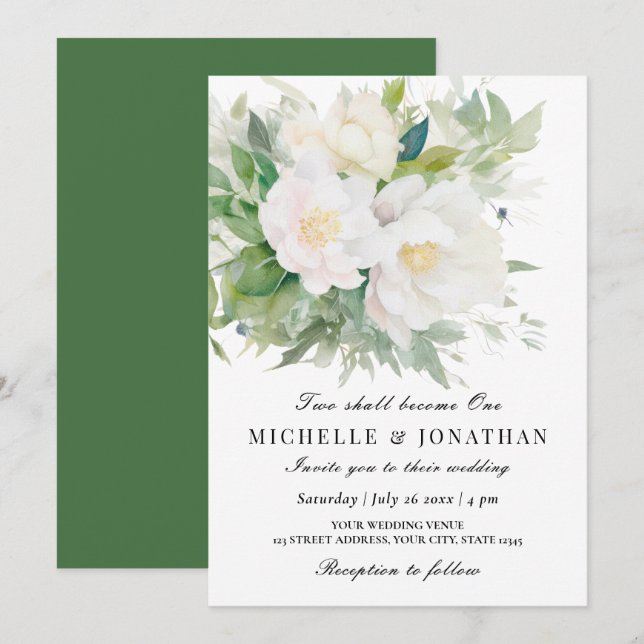 Invitación Dos Se Convertirán En Un Elegante Boda Floral Blan (Anverso / Reverso)