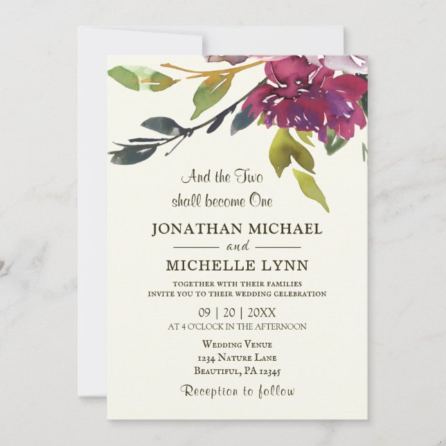 Invitación Dos se convierten en un Boda cristiano morado flor (Anverso)