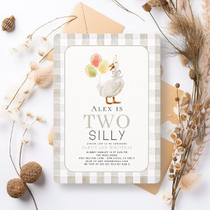 Invitación Dos Silly Goose Greige Gingham Segundo Cumpleaños