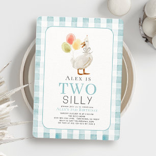 Invitación Dos tontos Goose Blue Gingham Boy Segundo Cumpleañ