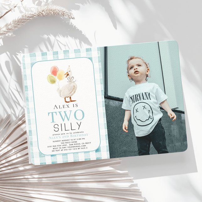 Invitación Dos tontos Goose Blue Gingham Boy Segundo Cumpleañ (Subido por el creador)