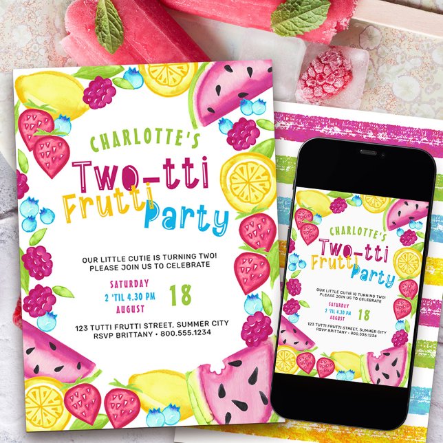 Invitación Dos tti Fiesta de Frutti  verano de frutas corbata (Two-tti frutti such a cutie 2nd birthday party invitation)