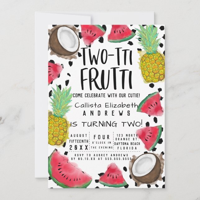 Invitación Dos tti Frutti Cute Fruit acuarela 2º cumpleaños (Anverso)