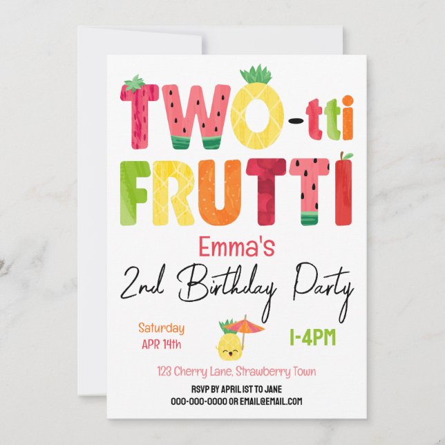 Invitación Dos-tti Frutti Cuties 2º cumpleaños Fruta tropical (Anverso)