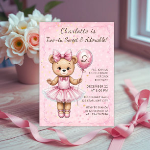 Invitación Dos-Tu Sweet Coquette Ballerina Bear Cumpleaños