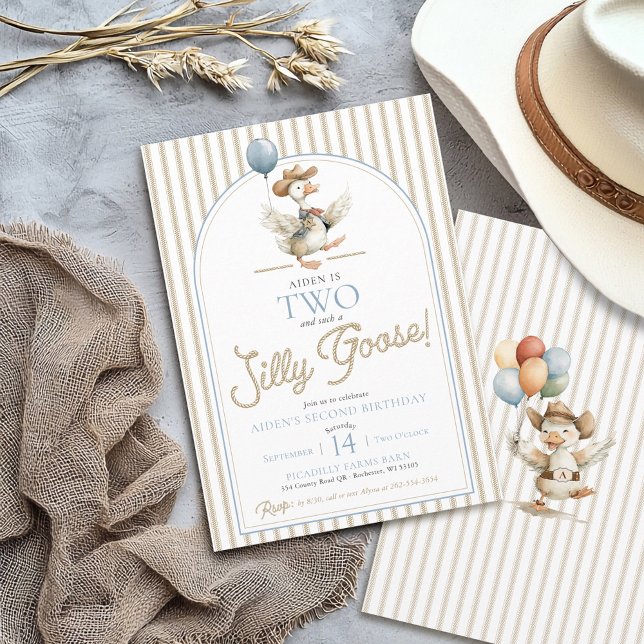 Invitación DOS Vaqueros Cowboy Cowboy Western Boy 2º cumpleañ (TWO Silly Goose modern western wild west neutral ticking pinstripe 2nd birthday party invitation )