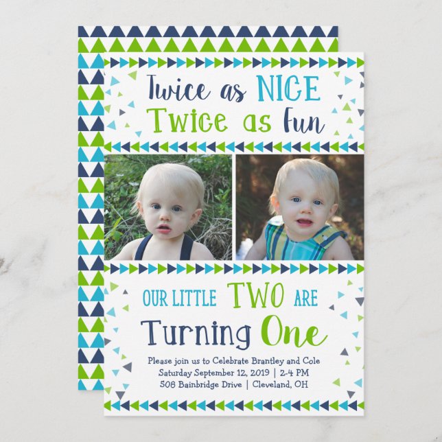 Invitación Dos veces como buen gemelo primer cumpleaños (Anverso / Reverso)