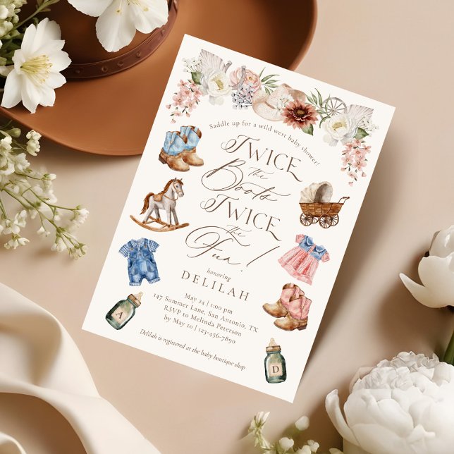 Invitación Dos veces el Chica de Boots, niño del oeste de Bab (Twice the Boots Twin Girl Boy Western Baby Shower Invitation)