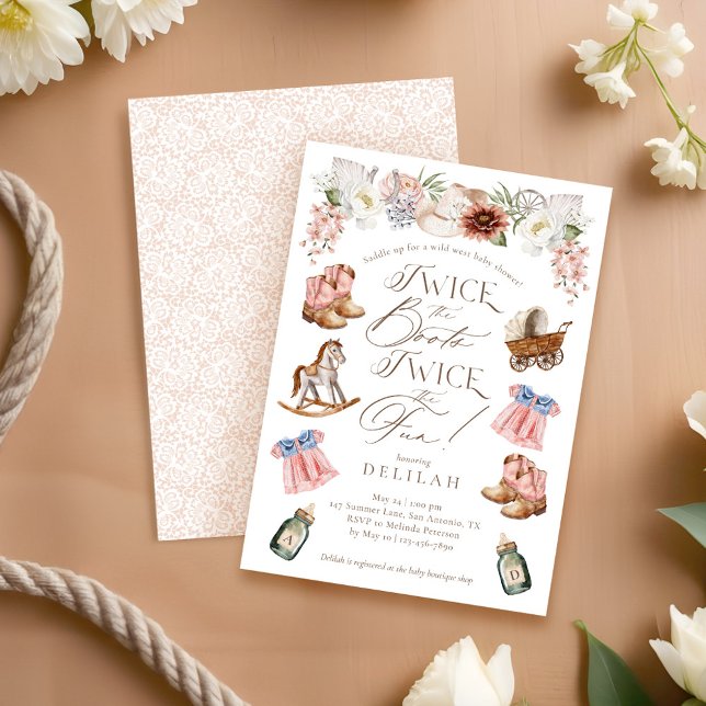 Invitación Dos veces los Chicas gemelos de Boots en el Baby S (Twice the Boots Twin Girls Western Baby Shower Invitation)