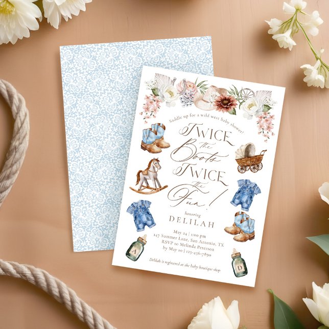 Invitación Dos veces los niños gemelos del Baby Shower occide (Twice the Boots Twin Boys Western Baby Shower Invitation)
