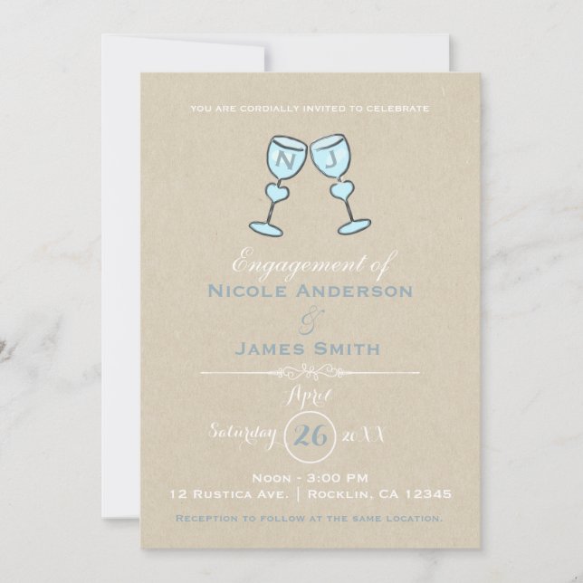 Invitación Dos Vidrios de Vino Compromiso Del Boda Whimsical (Anverso)