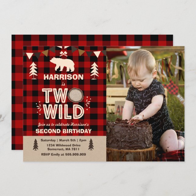 Invitación Dos Wild Birthday Invitation Lumberjack Dos Wild (Anverso / Reverso)