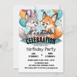Invitación Dos zorros y globos en la fiesta de cumpleaños dob