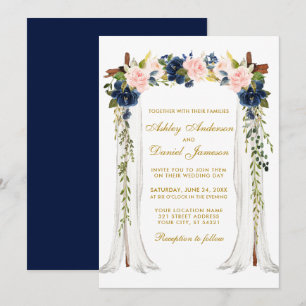 Invitación Dosel de Boda Acuarela Azul Rosa Floral Dorado