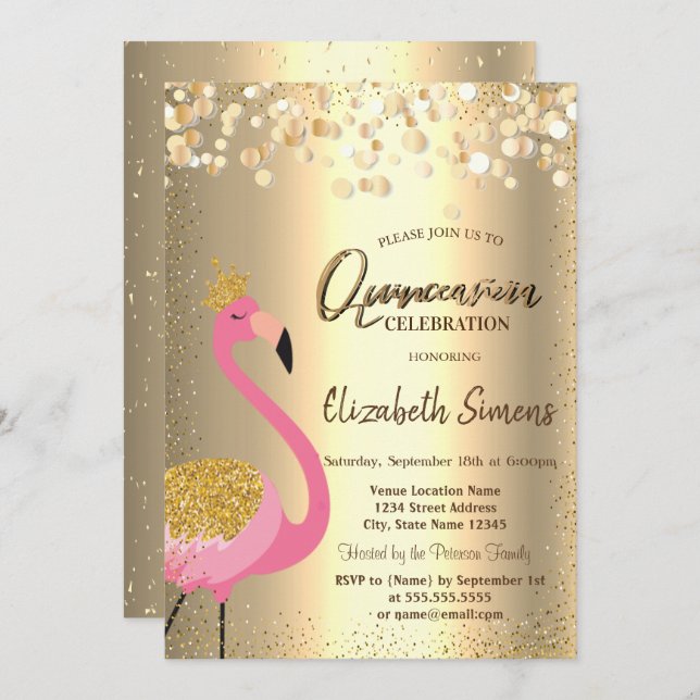 Invitación Dosis De Confetti De Oro, Flamingo Rosa Quinceañer (Anverso / Reverso)