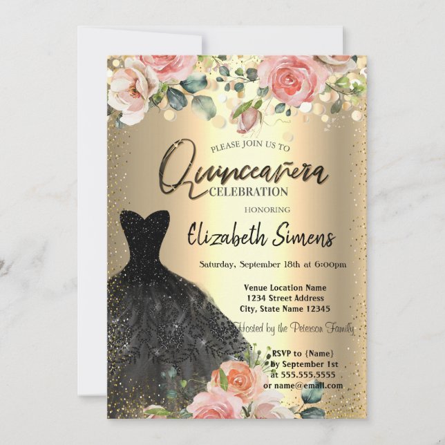 Invitación Dosis de Confetti de oro, Rosas de vestir negro Qu (Anverso)