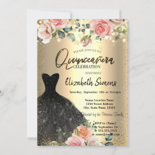Invitación Dosis de Confetti de oro, Rosas de vestir negro Qu
