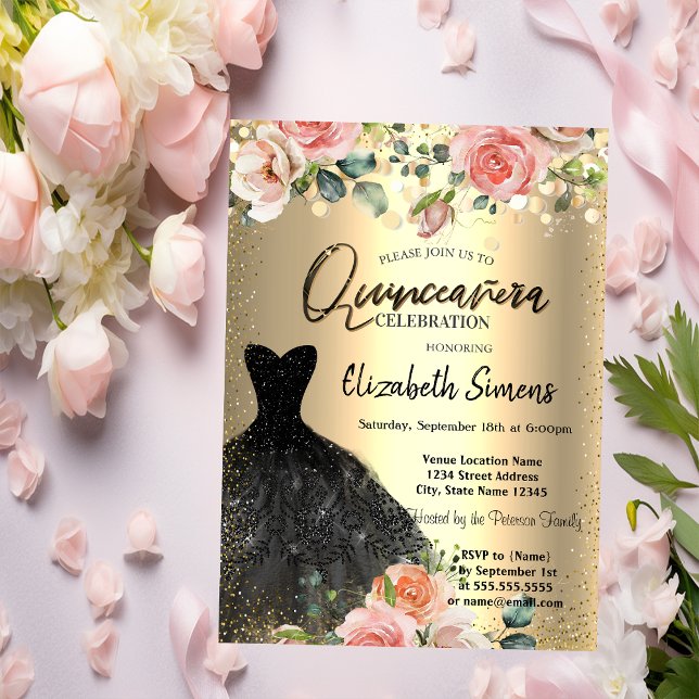 Invitación Dosis de Confetti de oro, Rosas de vestir negro Qu (Subido por el creador)