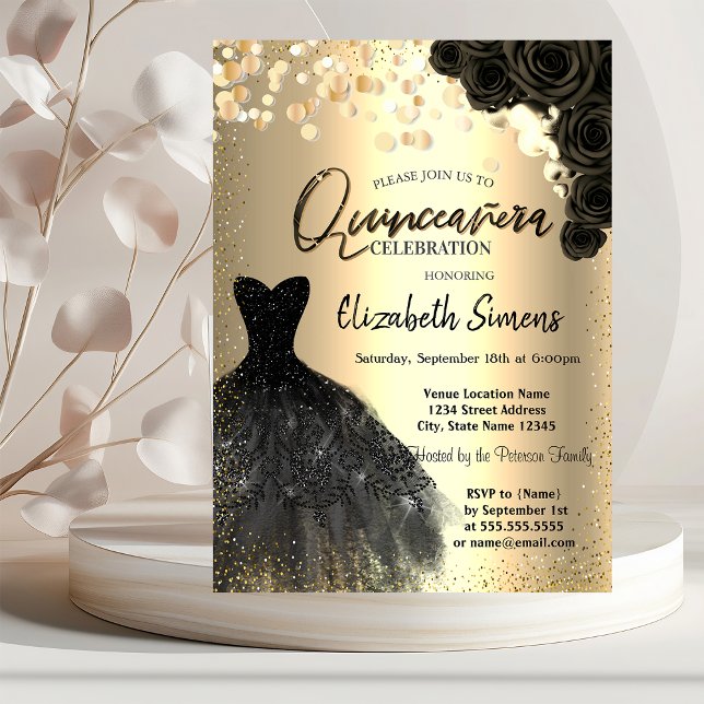 Invitación Dosis de Confetti de oro, Rosas de vestir negro Qu (Subido por el creador)
