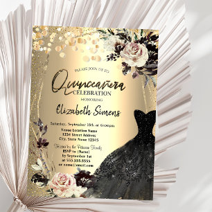 Invitación Dosis De Confetti De Oro, Rosas, Vestido Negro De